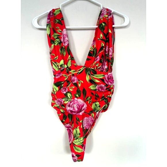NWOT ZARA Bodysuit Size Small Orange Floral Draped Stretchy V-Neck Wide Straps - Picture 3 of 6
